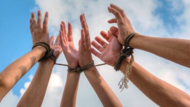 stock photo three pairs of human hands tied up together
