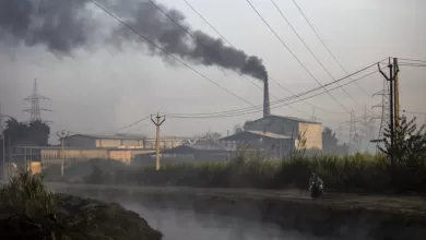 Una fábrica en la India arroja humo mientras quema envases desechados de Amazon el sábado 19 de noviembre de 2022.