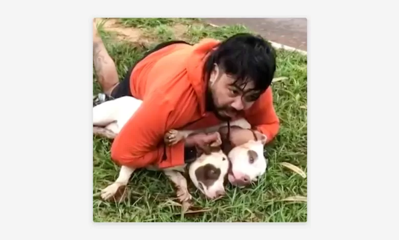 Ernesto Chaves inmoviliza a los dos perros.