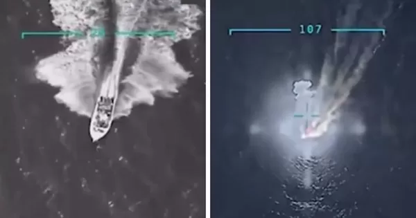El supuesto lanchón de narcotraficantes, antes y después del ataque. Inteligencia Artificial