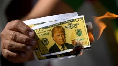 Un protestante quema un billete de dólar falso con la cara de Donald Trump en una manifestación en Brasil contra los aranceles