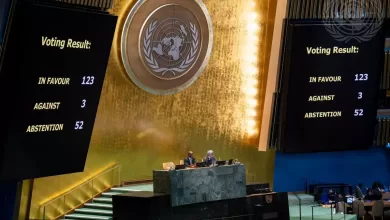 Votación en la Asamblea General de Naciones Unidas de la resolución que condena la esclavitud, el 25 de marzo de 2026, en Nueva York.